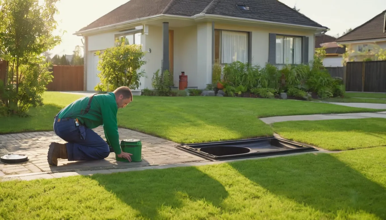 A septic service provider checking a tank lid in a residential yard in Sandy Springs