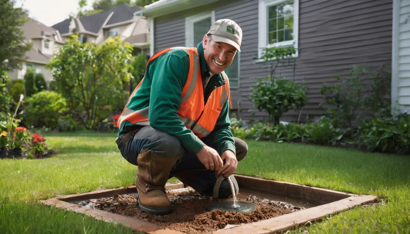 A friendly septic provider and a homeowner reviewing a yard-side septic tank access lid near a home in the Sandy Springs area